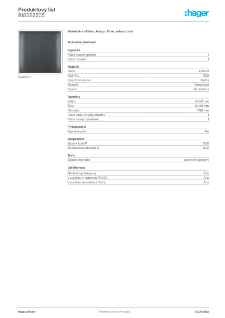 Obrázek Hager Produktový list 918282505 | Hager