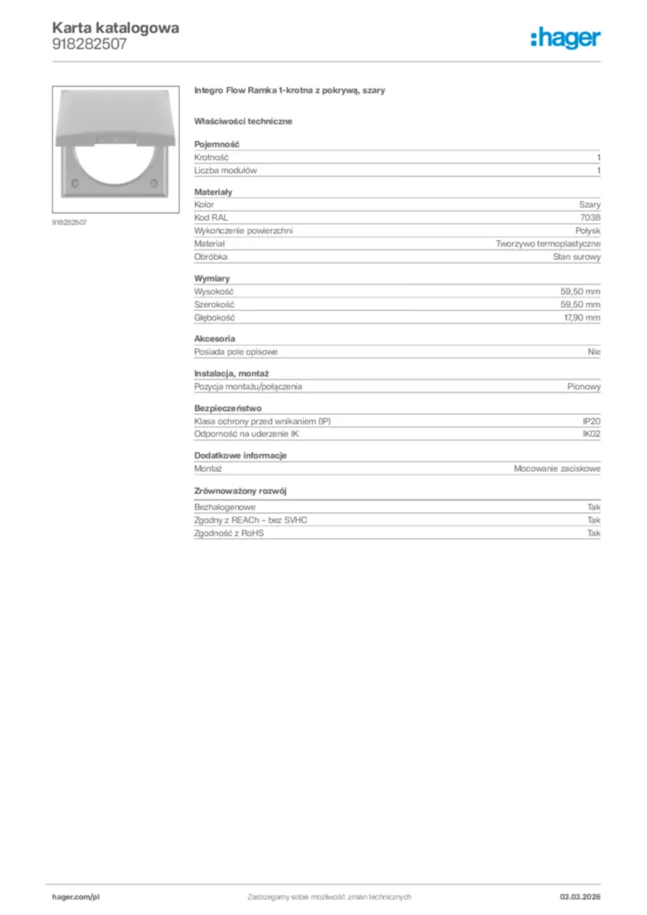 Zdjęcie Hager Karta katalogowa 918282507 | Hager Polska