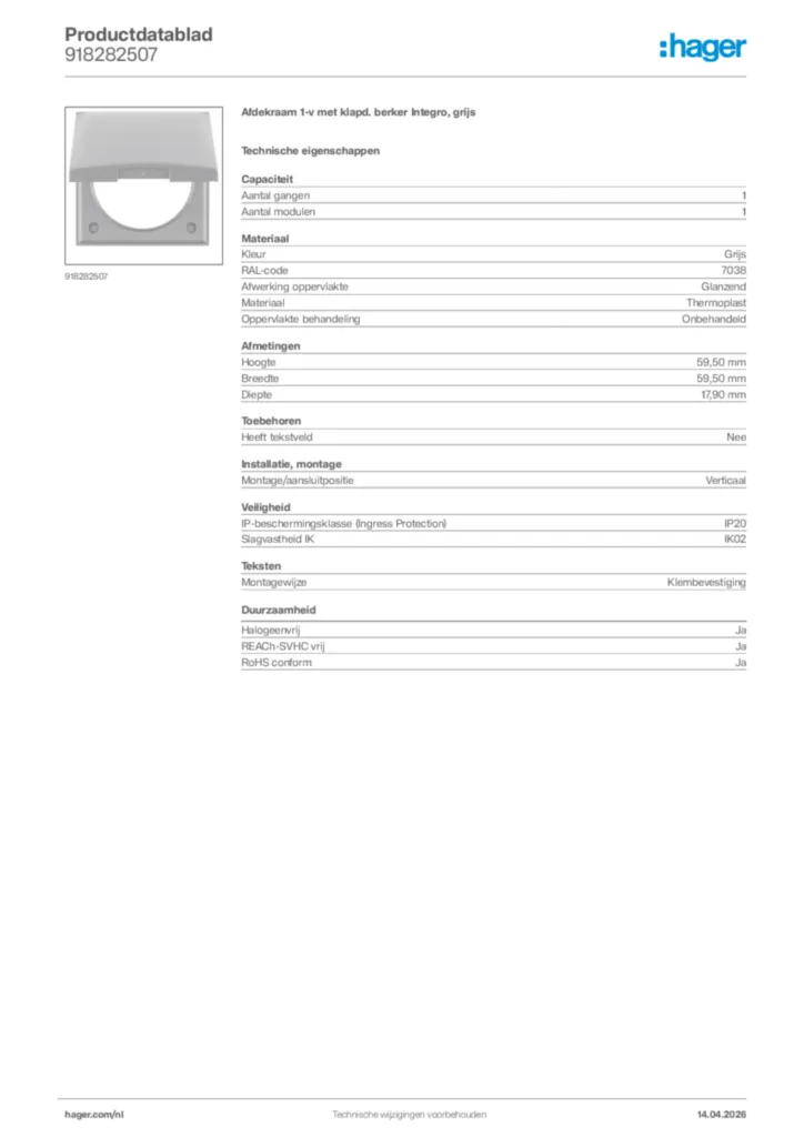 Afbeelding Hager Productdatablad 918282507 | Hager Nederland