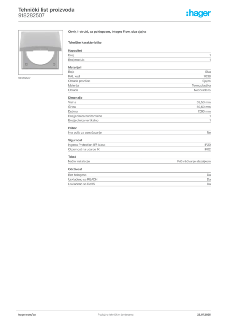Slika Hager Product data sheet 918282507  | Hager
