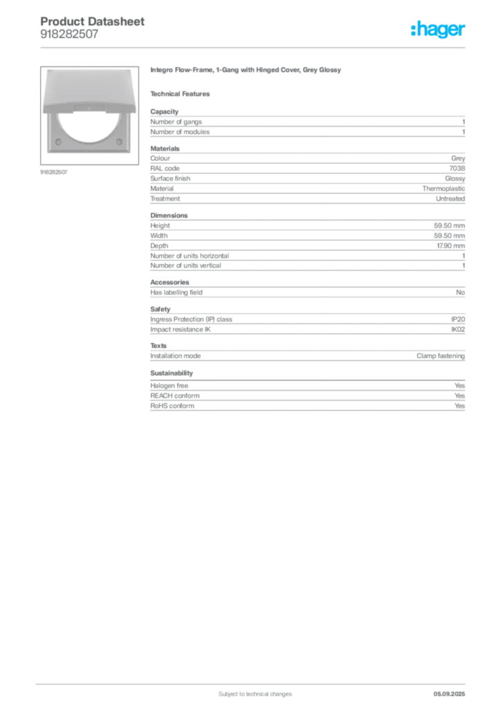 Image Hager Product data sheet 918282507  | Hager