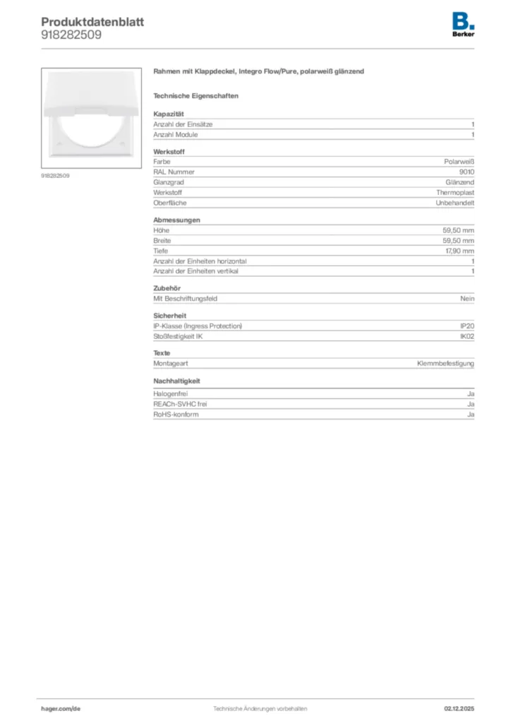 Bild Berker Produktdatenblatt 918282509 | Hager Deutschland