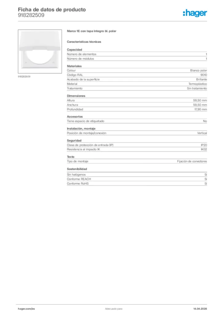 Imagen Hager Ficha de datos de producto 918282509 | Hager España