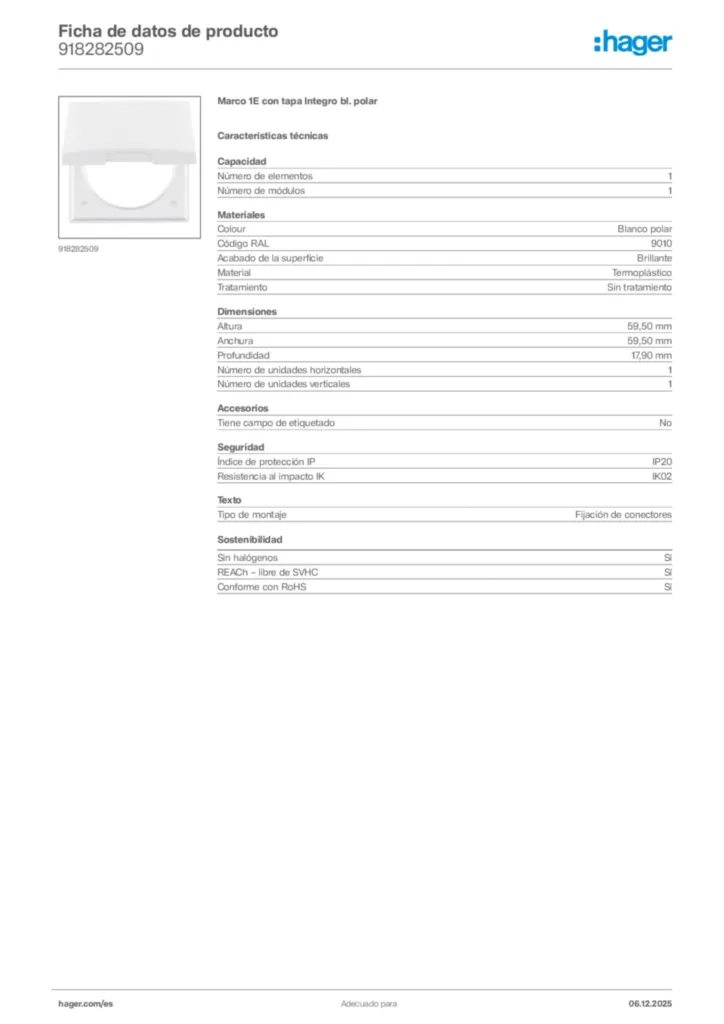 Imagen Hager Ficha de datos de producto 918282509 | Hager España