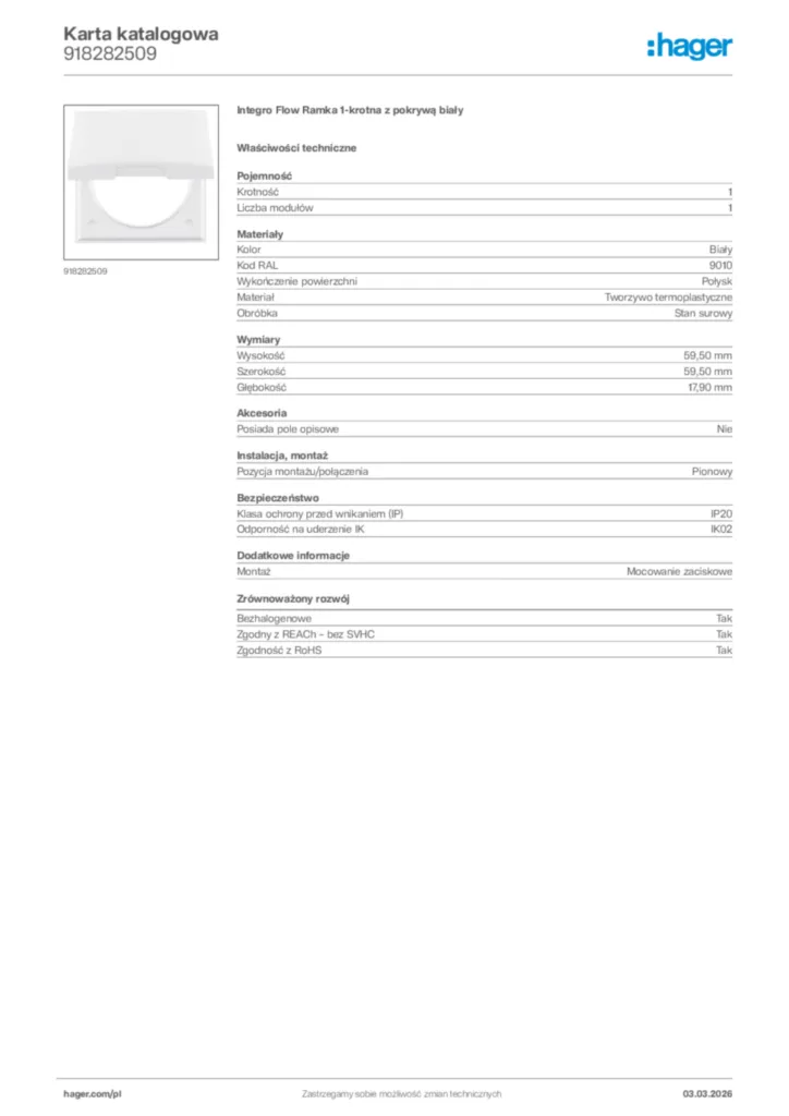 Zdjęcie Hager Karta katalogowa 918282509 | Hager Polska