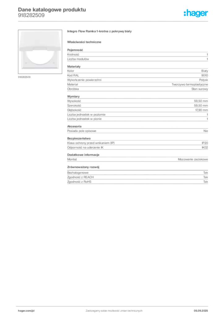 Zdjęcie Hager Dane katalogowe produktu 918282509 | Hager Polska