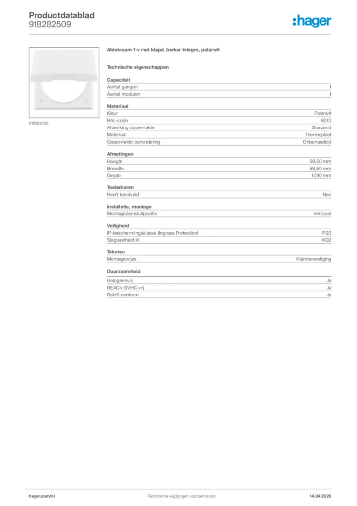 Afbeelding Hager Productdatablad 918282509 | Hager Nederland