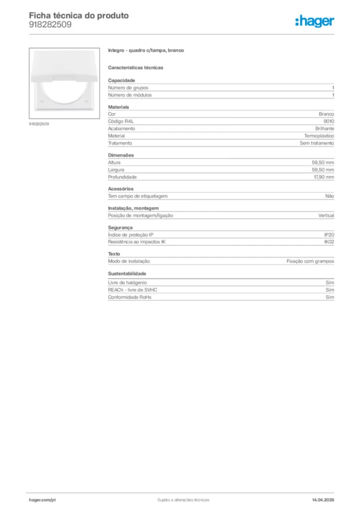 Imagem Hager Ficha técnica do produto 918282509 | Hager Portugal