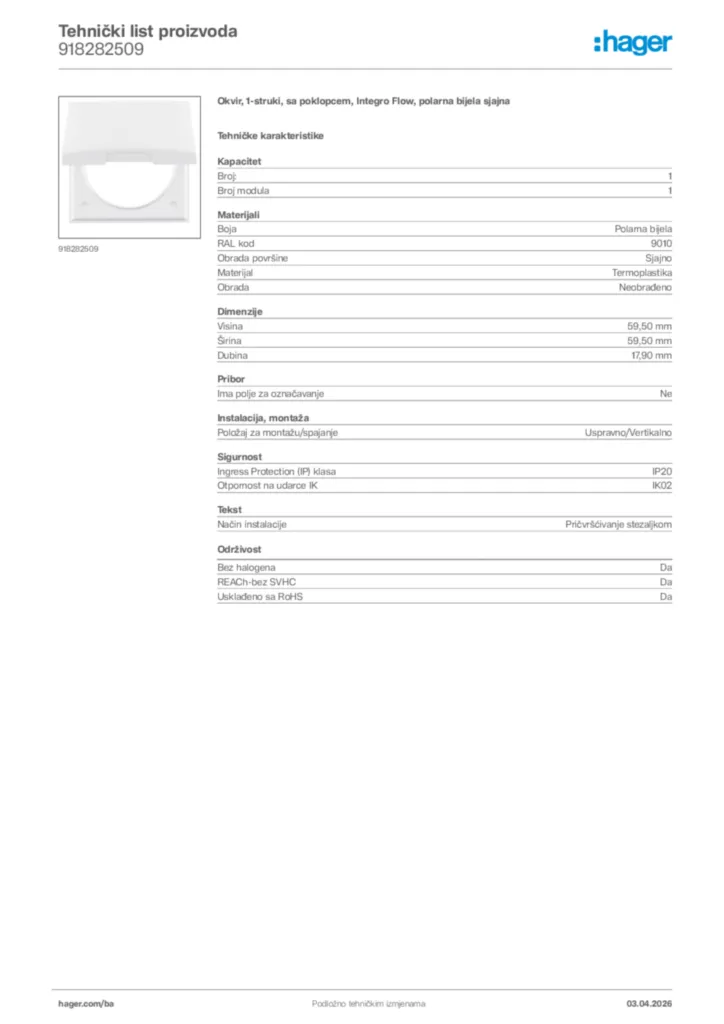 Slika Hager Tehnički list proizvoda 918282509  | Hager