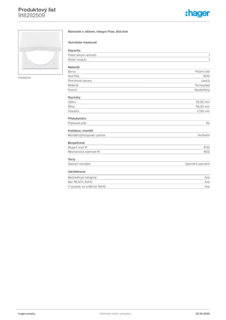 Obrázek Hager Product data sheet 918282509 | Hager