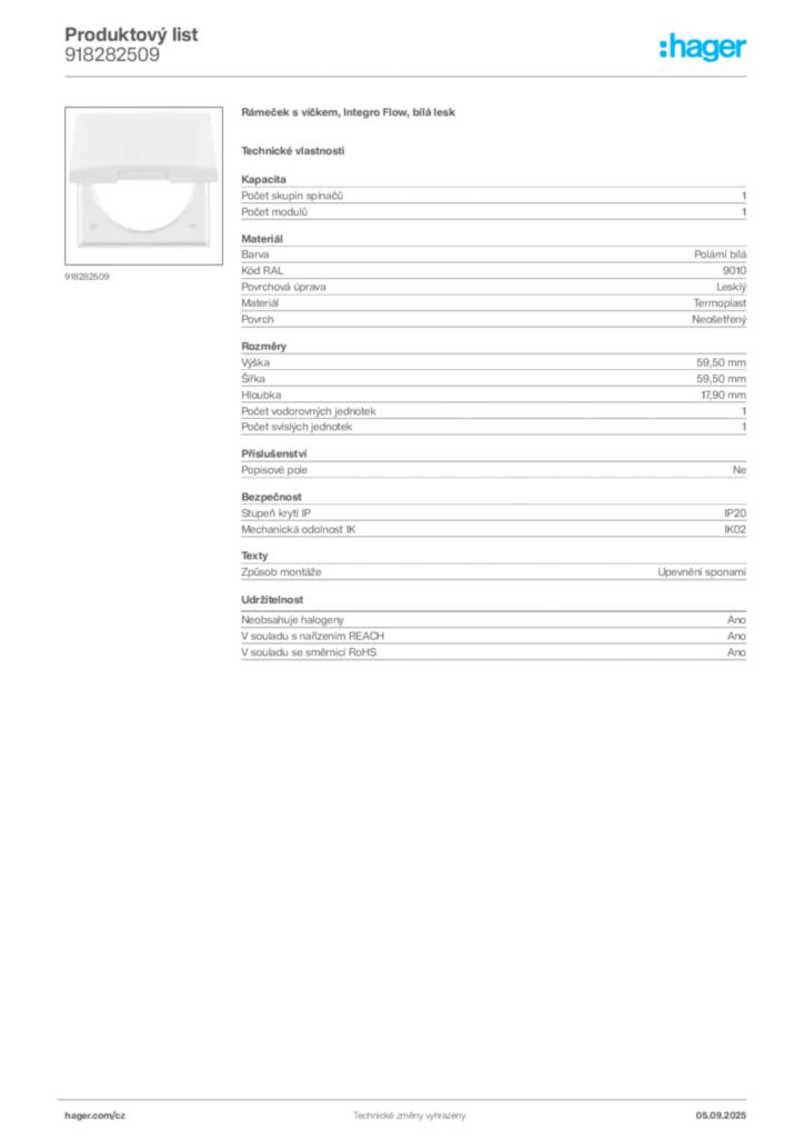 Obrázek Hager Produktový list 918282509 | Hager