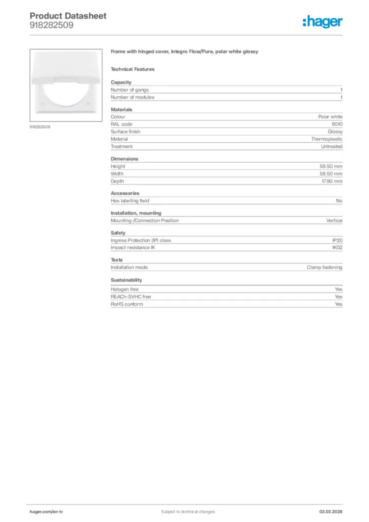 Image Hager Product data sheet 918282509  | Hager