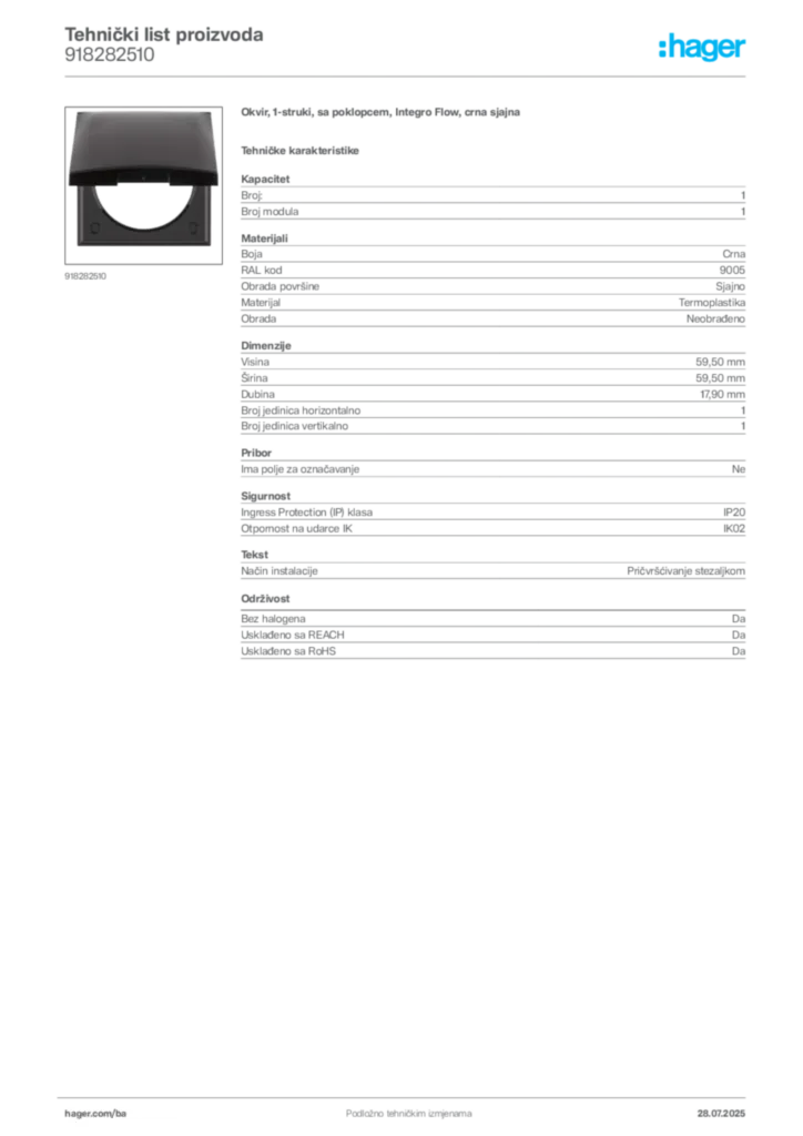 Slika Hager Product data sheet 918282510  | Hager
