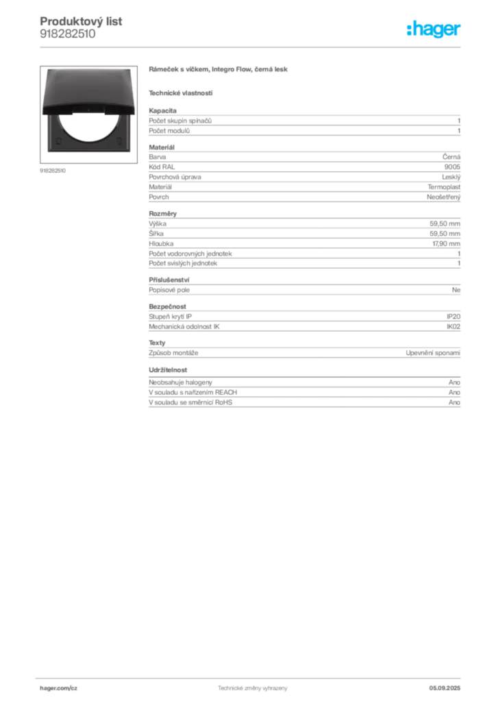 Obrázek Hager Produktový list 918282510 | Hager