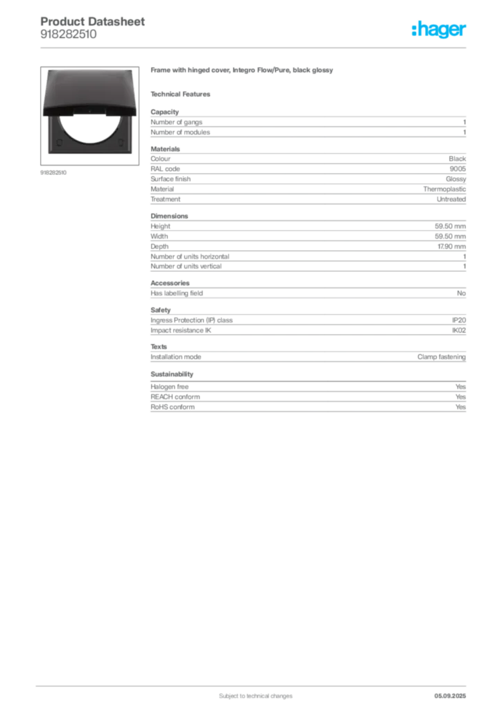 Image Hager Product data sheet 918282510  | Hager