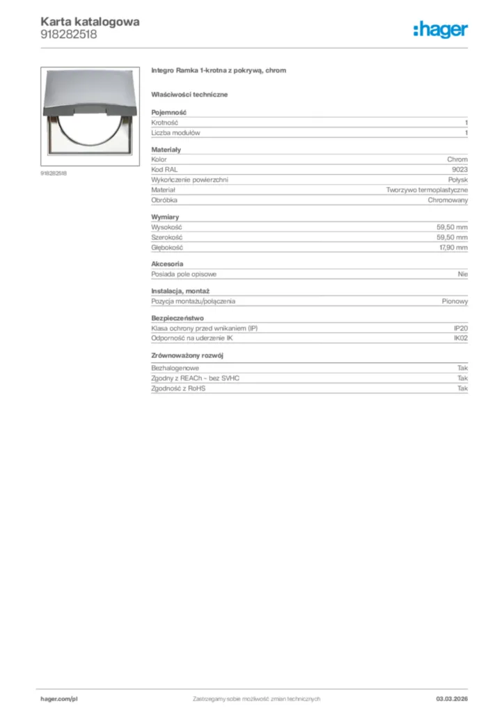 Zdjęcie Hager Karta katalogowa 918282518 | Hager Polska