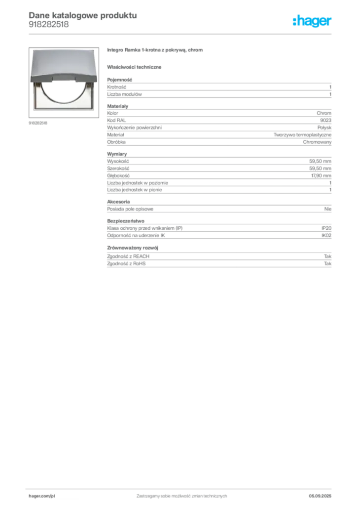 Zdjęcie Hager Dane katalogowe produktu 918282518 | Hager Polska