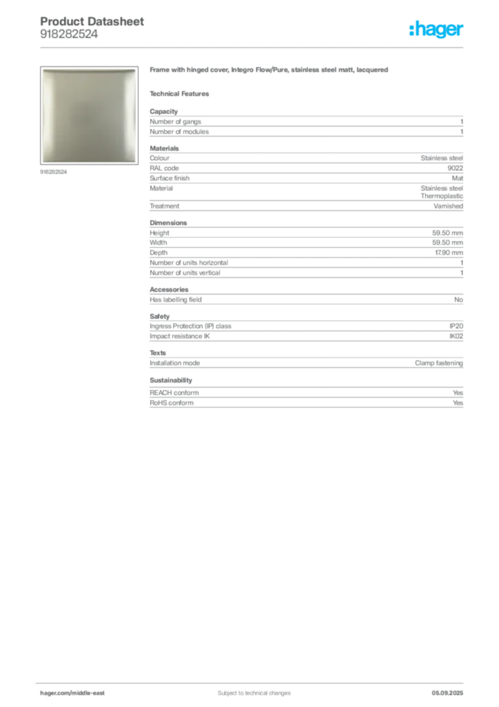 Image Hager Product data sheet 918282524  | Hager