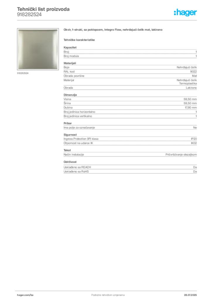Slika Hager Product data sheet 918282524  | Hager
