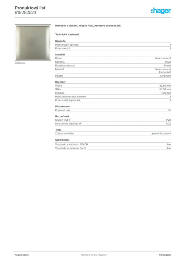Obrázek Hager Produktový list 918282524 | Hager