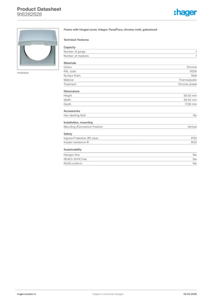 Image Hager Product data sheet 918282528  | Hager