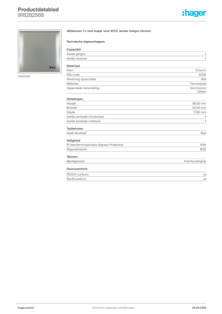Afbeelding Hager Productdatablad 918282568 | Hager Nederland