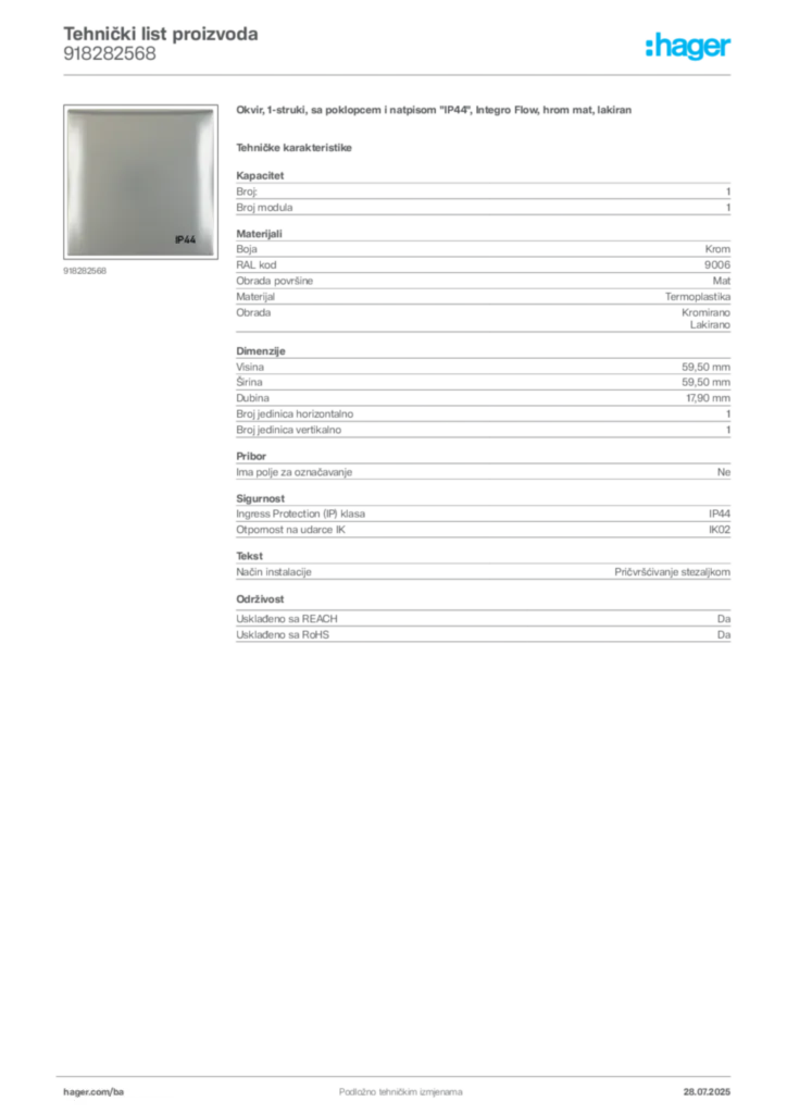 Slika Hager Product data sheet 918282568  | Hager