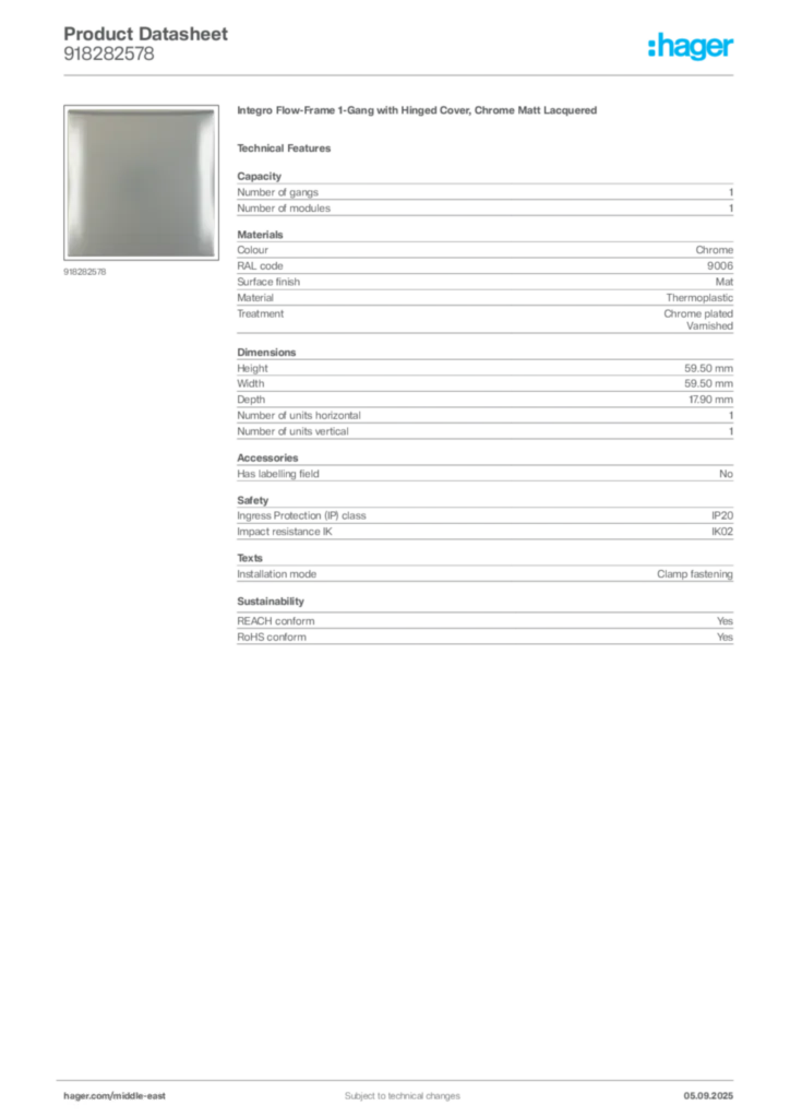 Image Hager Product data sheet 918282578  | Hager