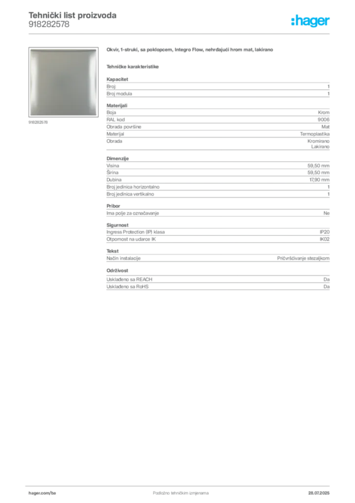 Slika Hager Product data sheet 918282578  | Hager