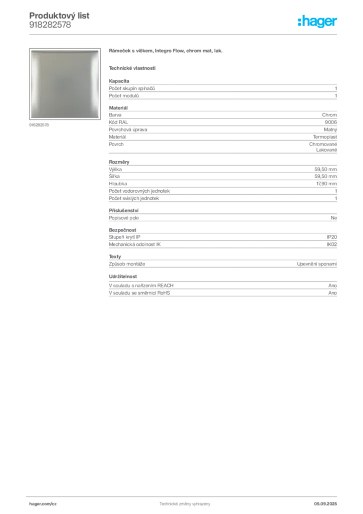 Obrázek Hager Produktový list 918282578 | Hager