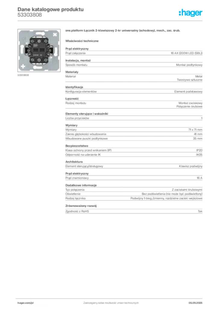 Zdjęcie Hager Dane katalogowe produktu 53303808 | Hager Polska