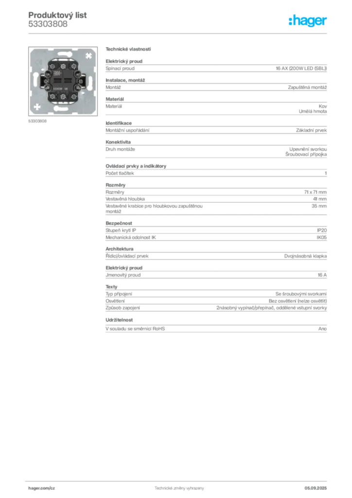Obrázek Hager Produktový list 53303808 | Hager