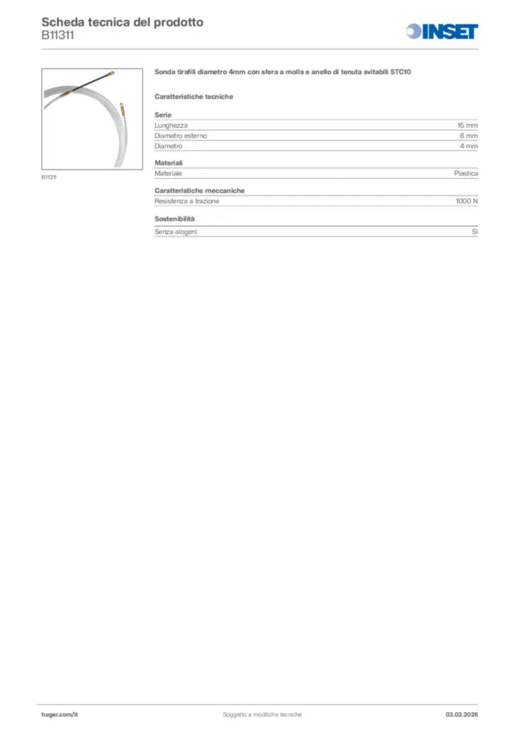Immagine Inset Scheda tecnica del prodotto B11311 | Hager Italia
