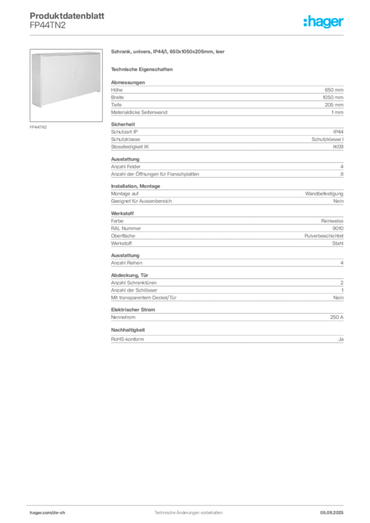 Bild Hager Produktdatenblatt FP44TN2 | Hager Schweiz