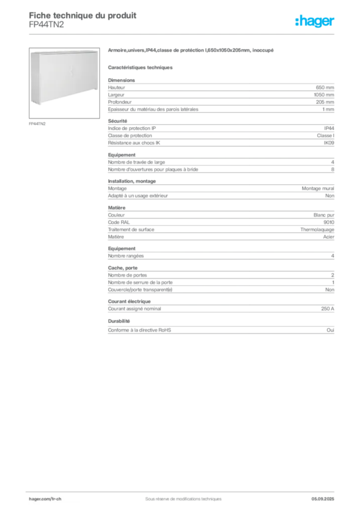 Image Hager Fiche technique du produit FP44TN2 | Hager Suisse