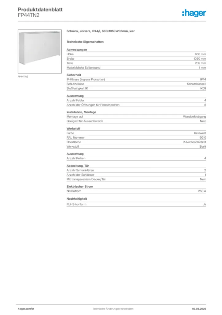 Bild Hager Produktdatenblatt FP44TN2 | Hager Deutschland