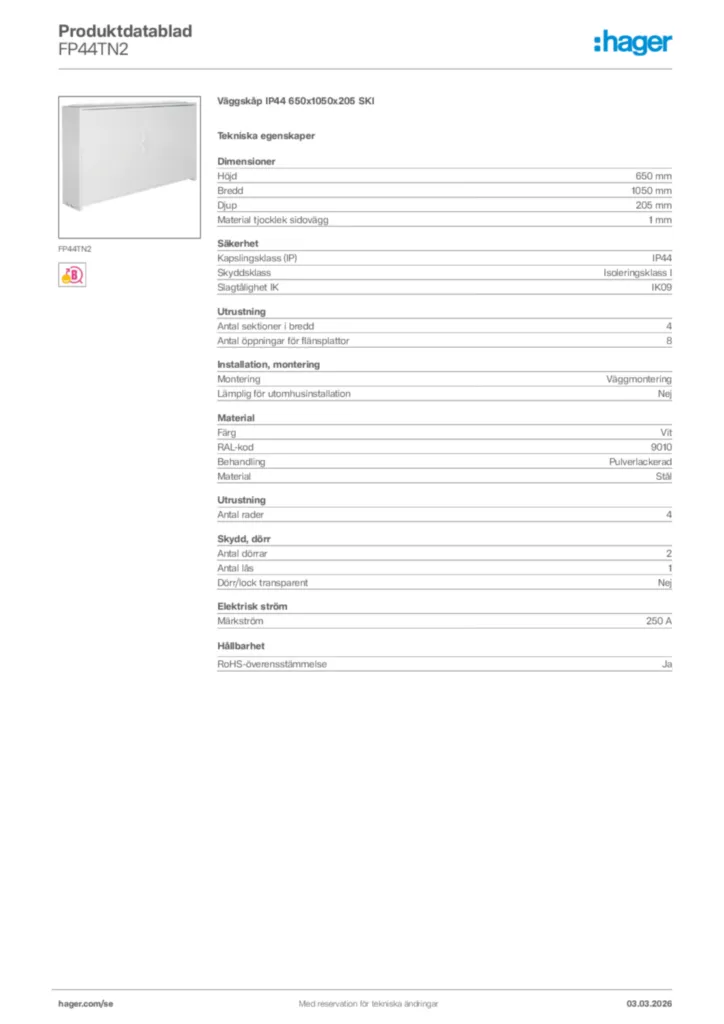 Bild Hager Produktdatablad FP44TN2 | Hager Sverige