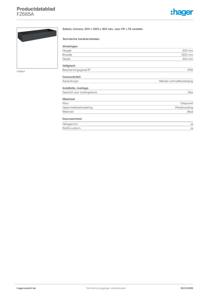 Afbeelding Hager Productdatablad FZ665A | Hager Belgium