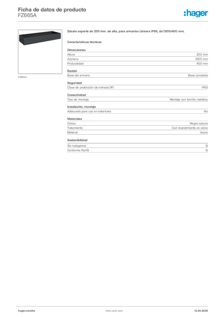 Imagen Hager Ficha de datos de producto FZ665A | Hager España