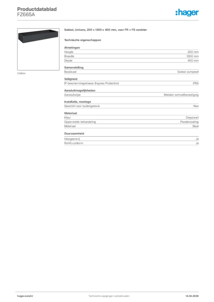 Afbeelding Hager Productdatablad FZ665A | Hager Nederland