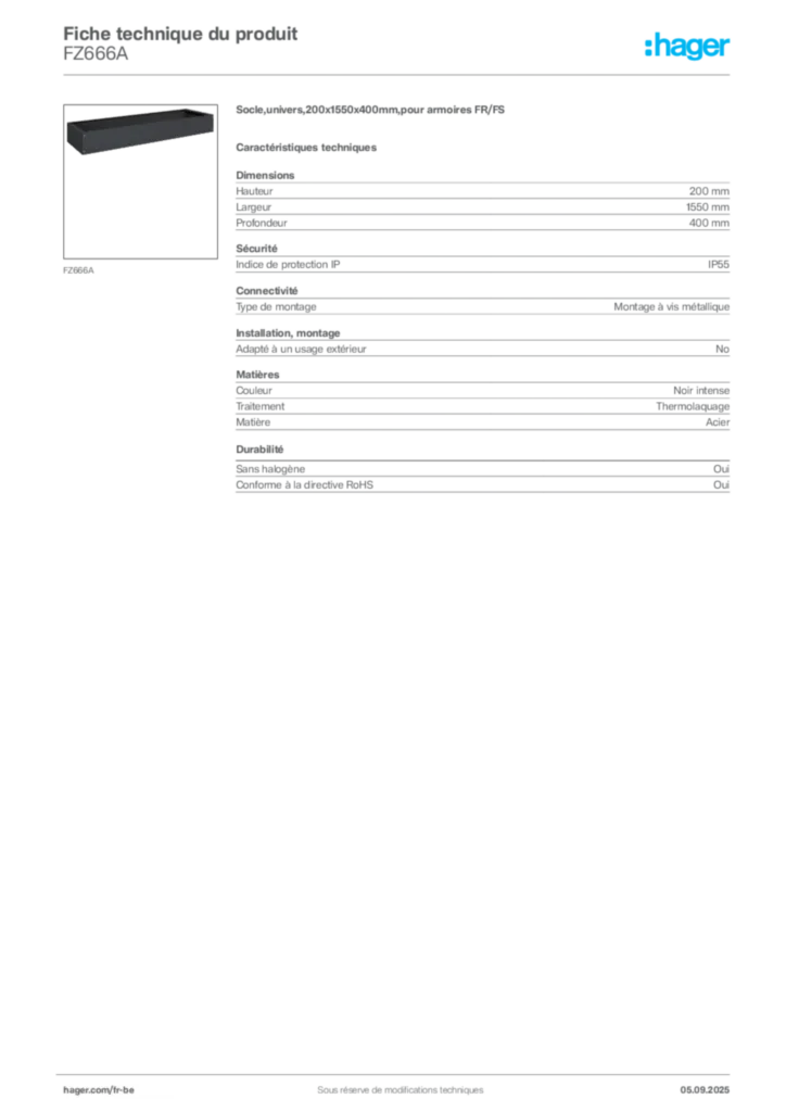 Image Hager Fiche technique du produit FZ666A | Hager Belgique