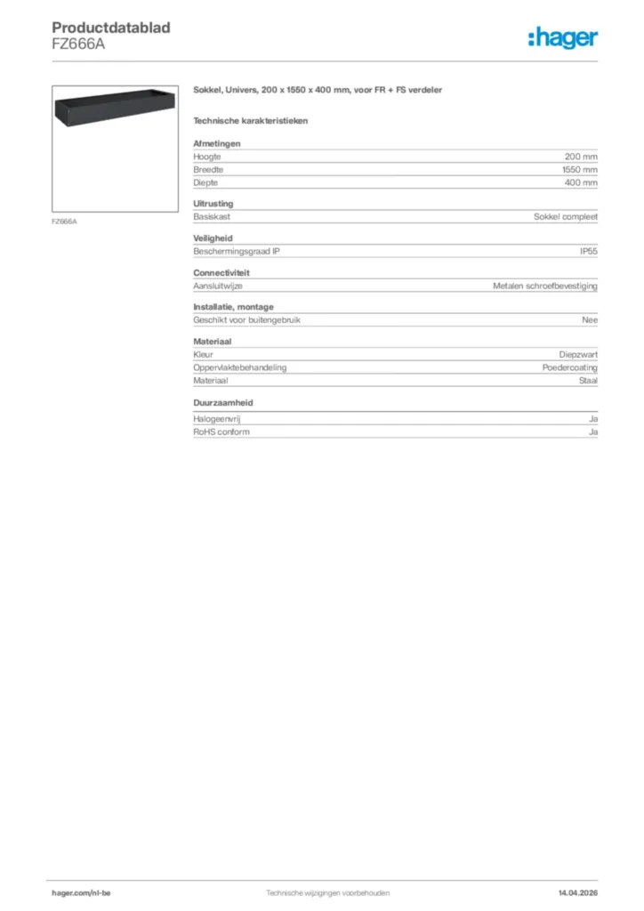 Afbeelding Hager Productdatablad FZ666A | Hager Belgium