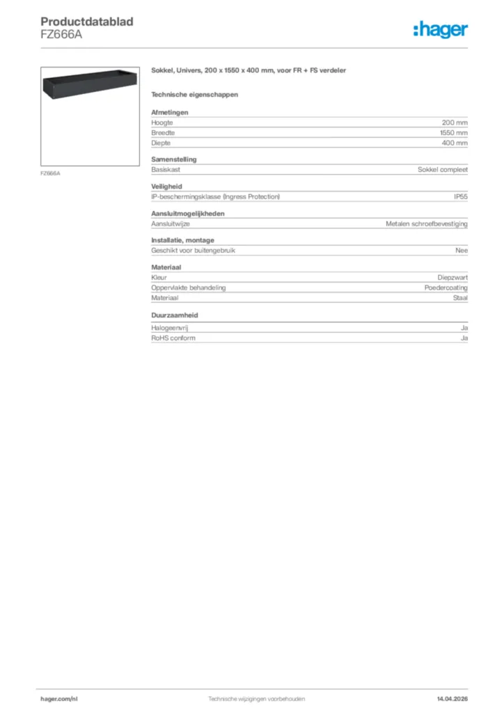 Afbeelding Hager Productdatablad FZ666A | Hager Nederland