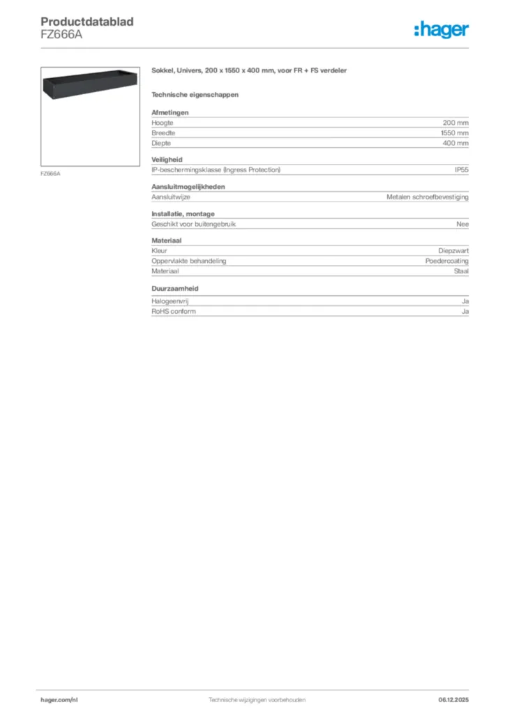 Afbeelding Hager Productdatablad FZ666A | Hager Nederland