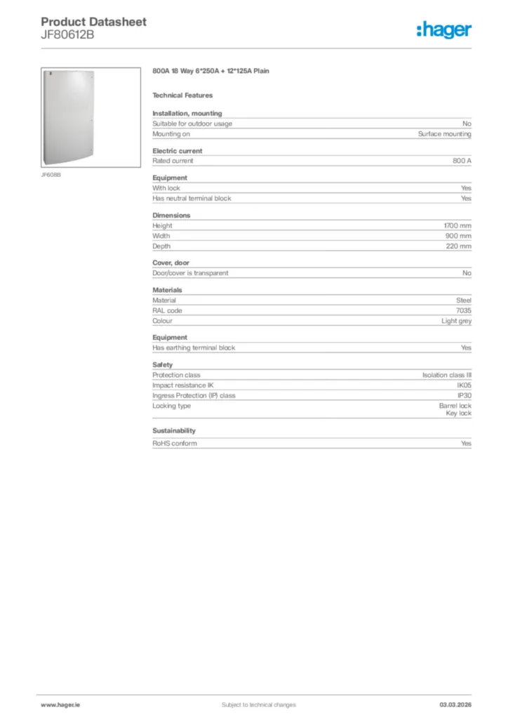 Image Hager Product data sheet JF80612B  | Hager
