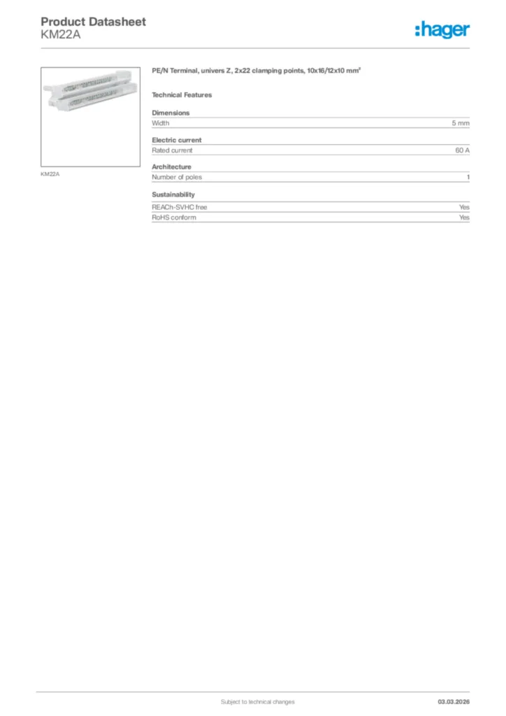 Image Hager Product data sheet KM22A  | Hager Africa