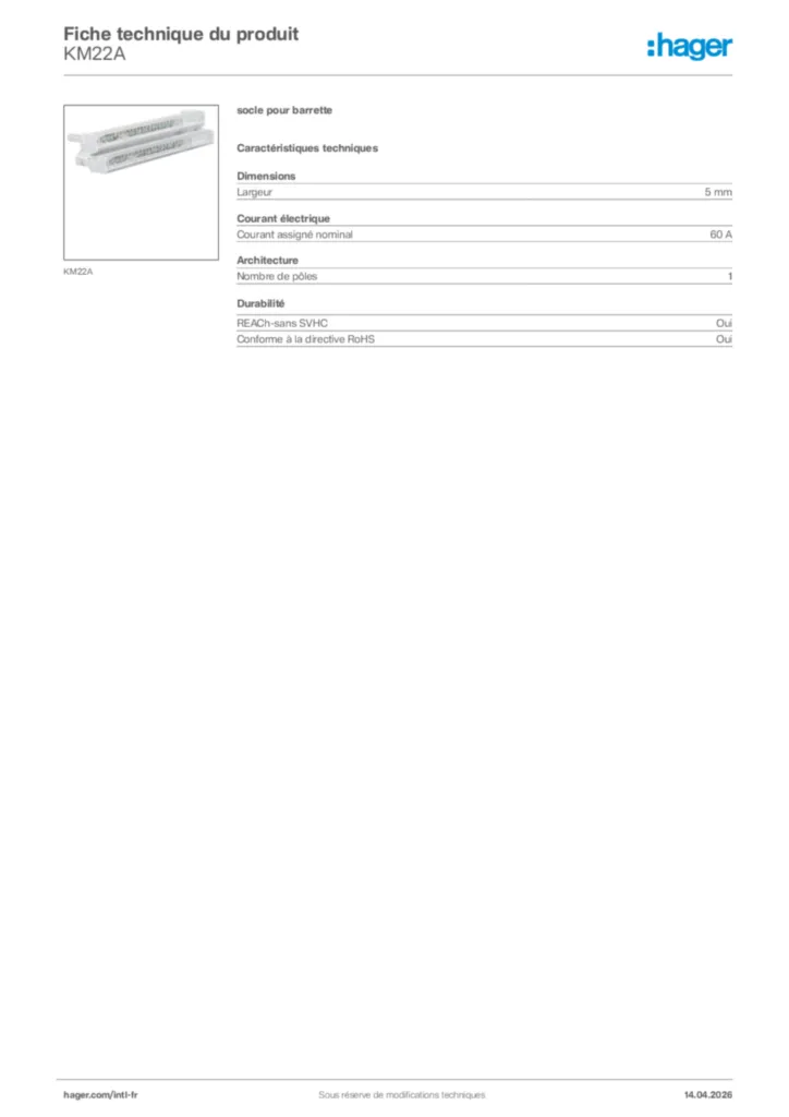 Image Hager Fiche technique du produit KM22A | Hager Afrique