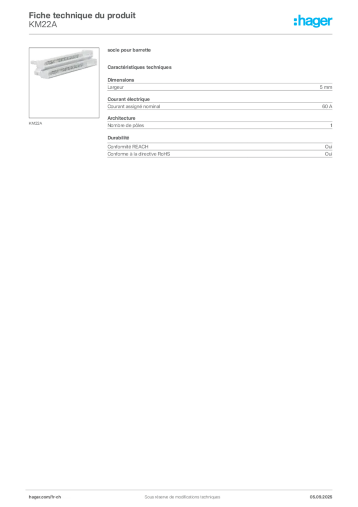 Image Hager Fiche technique du produit KM22A | Hager Suisse