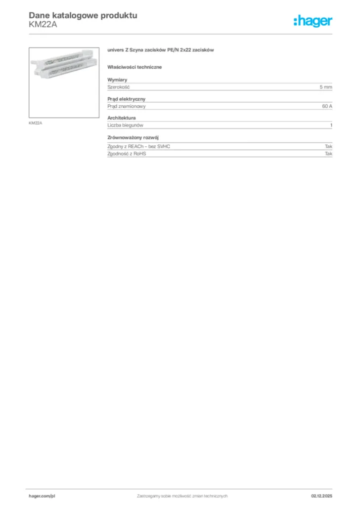 Zdjęcie Hager Dane katalogowe produktu KM22A | Hager Polska