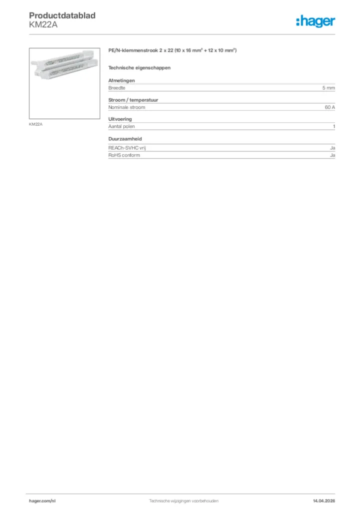 Afbeelding Hager Productdatablad KM22A | Hager Nederland